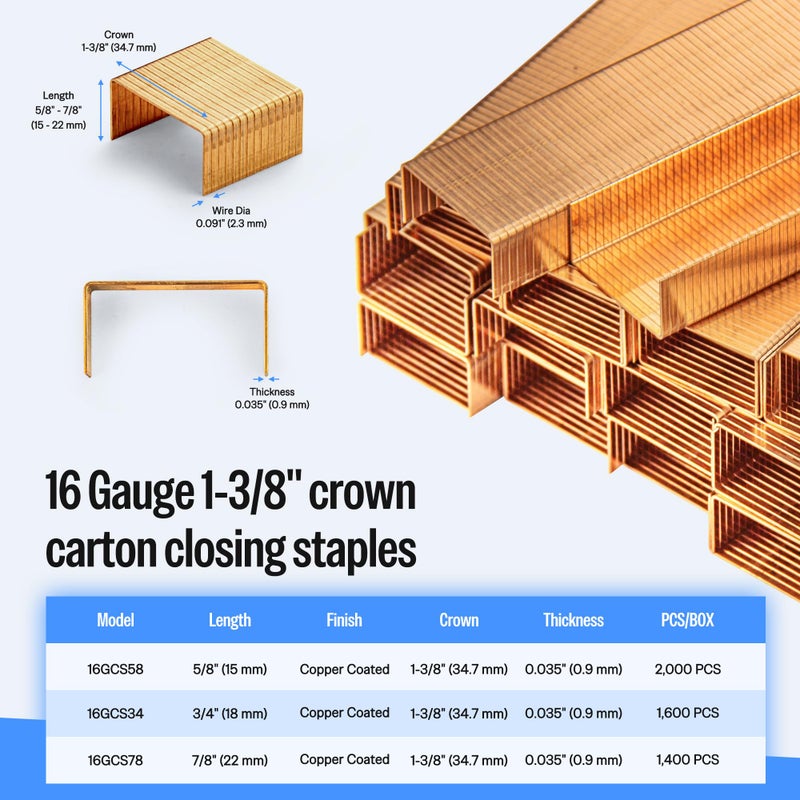 Meite دبابيس إغلاق الكرتون ميتي 16 قياس عرض 1-3/8" تاج 5/8" مغلفة بالنحاس لدبابيس صناديق الهواء المضغوط أو اليدوية - تغليف أقرب كرتون (2,000PCS) - Image 3